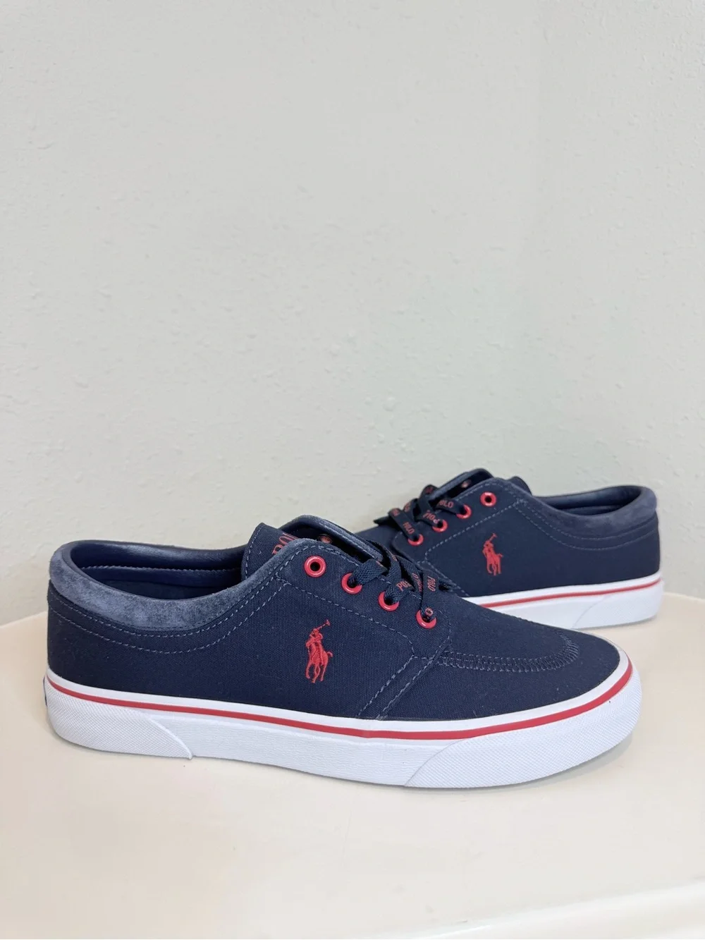 Polo Ralph Lauren Men’s Faxon X Pony Navy Red Canvas Sneakers Size 8 NWT